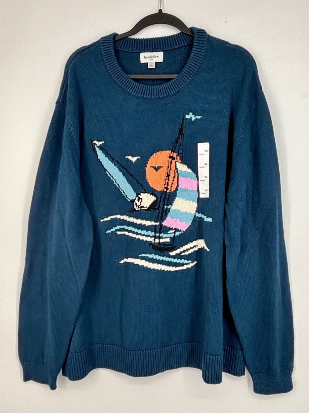 Goodfellow & Co Mens XXL Pullover Sweater Teal Blue Sailboat 100% Cotton Knit
